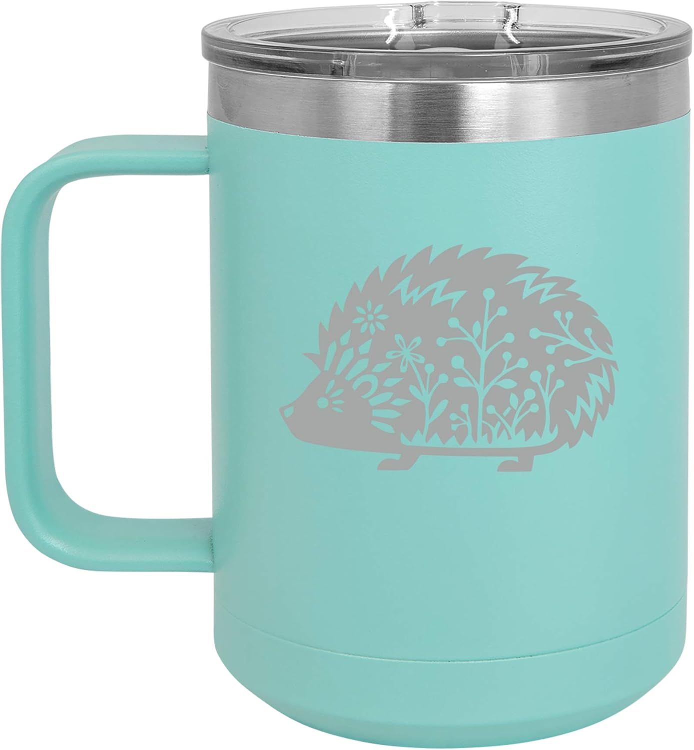 15 oz Tumbler Coffee Mug Travel Cup With Handle & Lid Vacuum Insulated Stainless Steel Fancy Hedgehog (Teal)