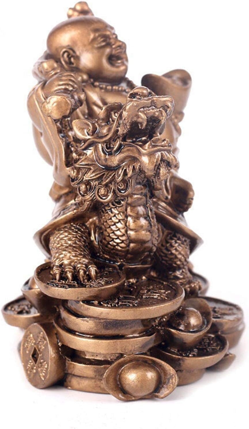 statuetka Buddy, Krzesło Feng Shui Śmiejący się Budda i Smok, Mosiężny Bóg Bogactwa. Wystrój(Bronze,Small)