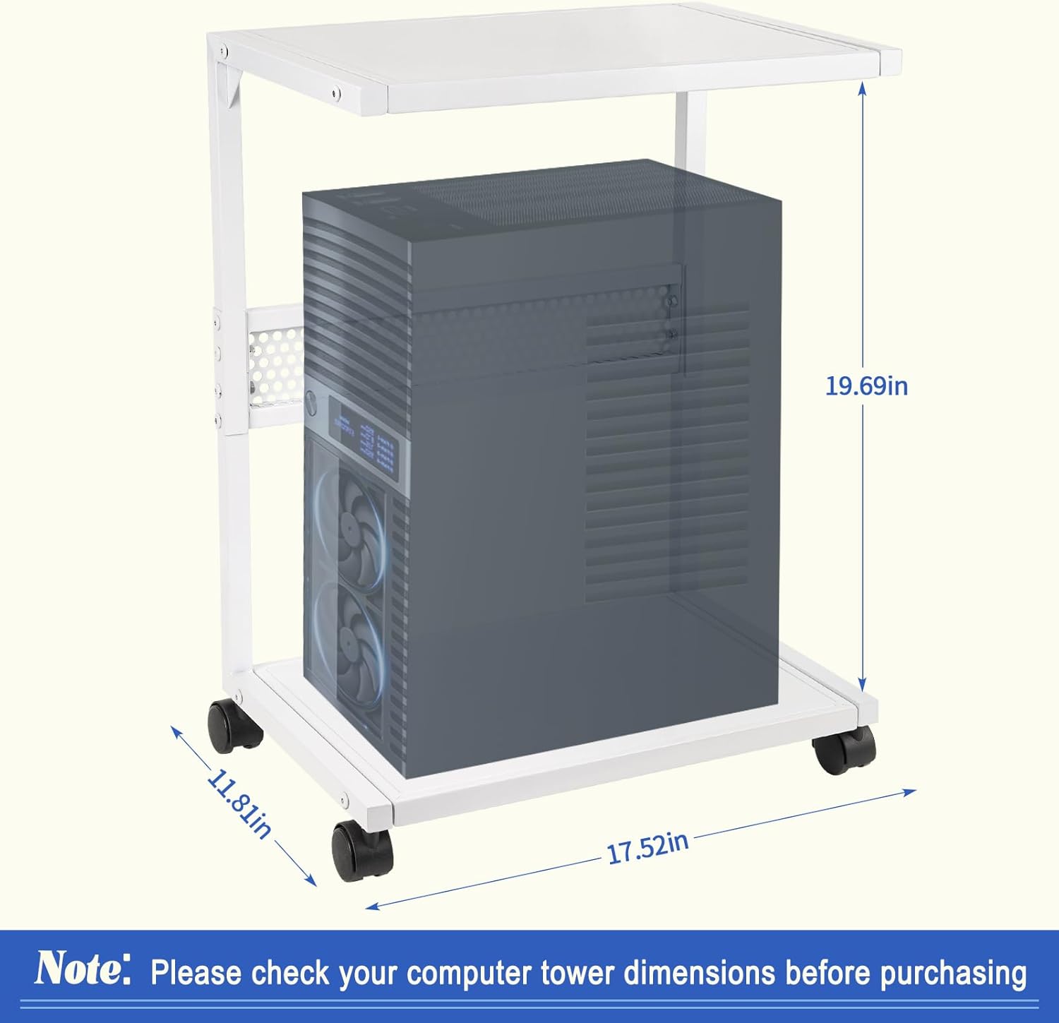 Liitrton PC Tower Stand 2-Tier CPU Stand with Locking Caster Wheels for Office & Home - Iron-White