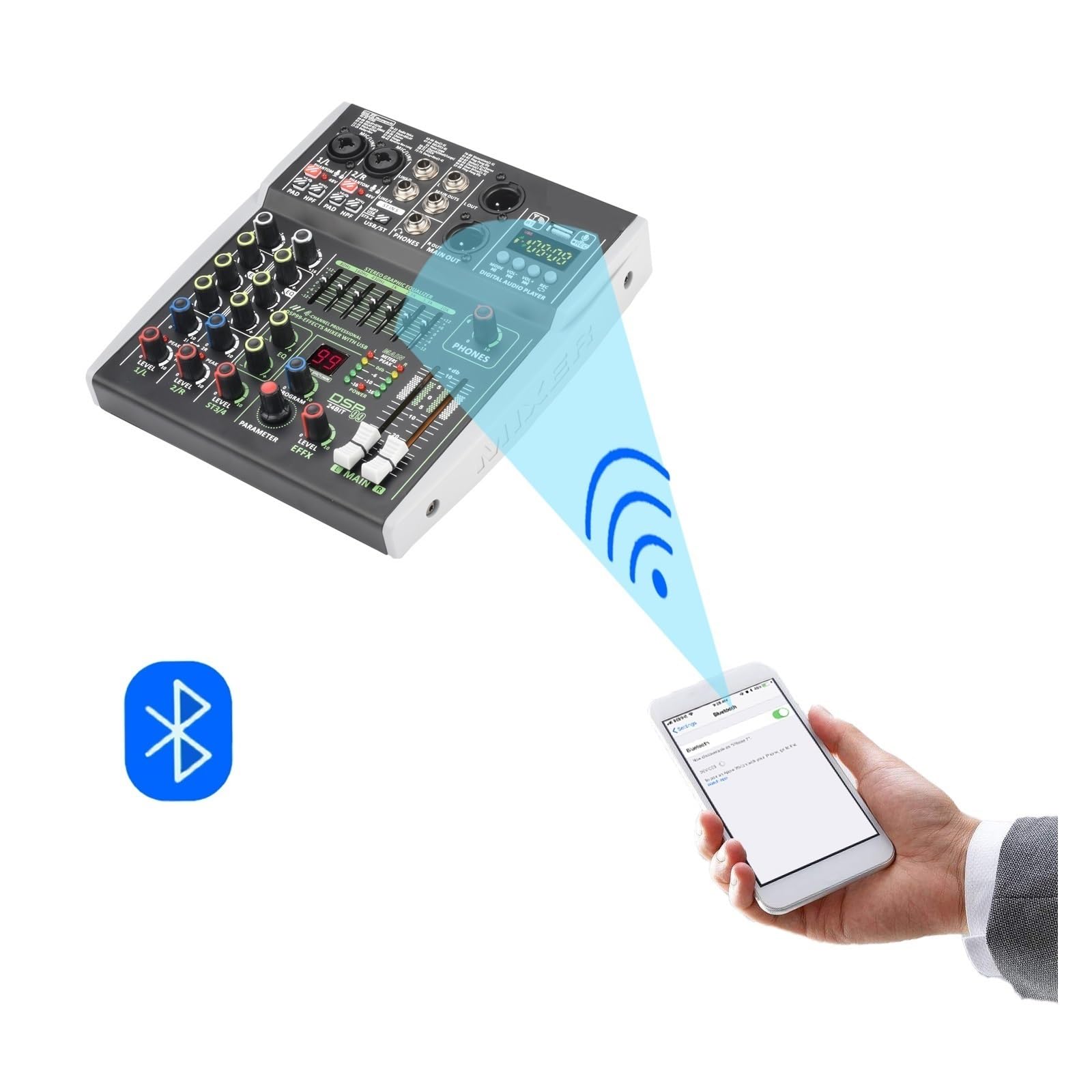 Mezclador de DJ, Mini consola mezcladora de 4 canales Individual +48V 99 DSP Efectos USB Ordenador Mezclador de reproducción y grabación, Decks de DJ