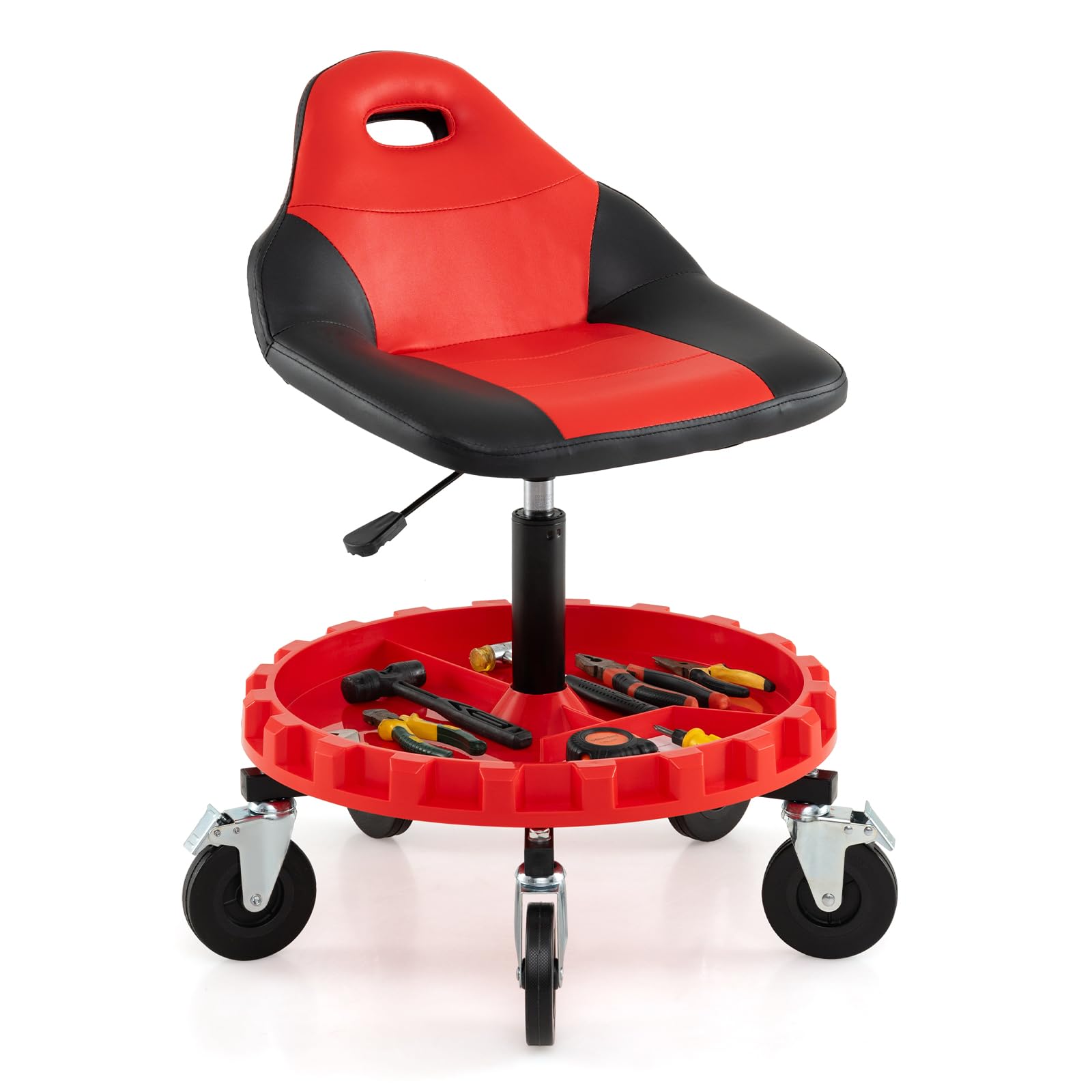 COSTWAY Taburete de Taller con 5 Ruedas, Taburete Rodante de Garaje, Taburete Mecánico con Altura Ajustable de 71/83 cm y Bandeja para Herramientas, Asiento Móvil para Reparación de Coches,Carga 150kg