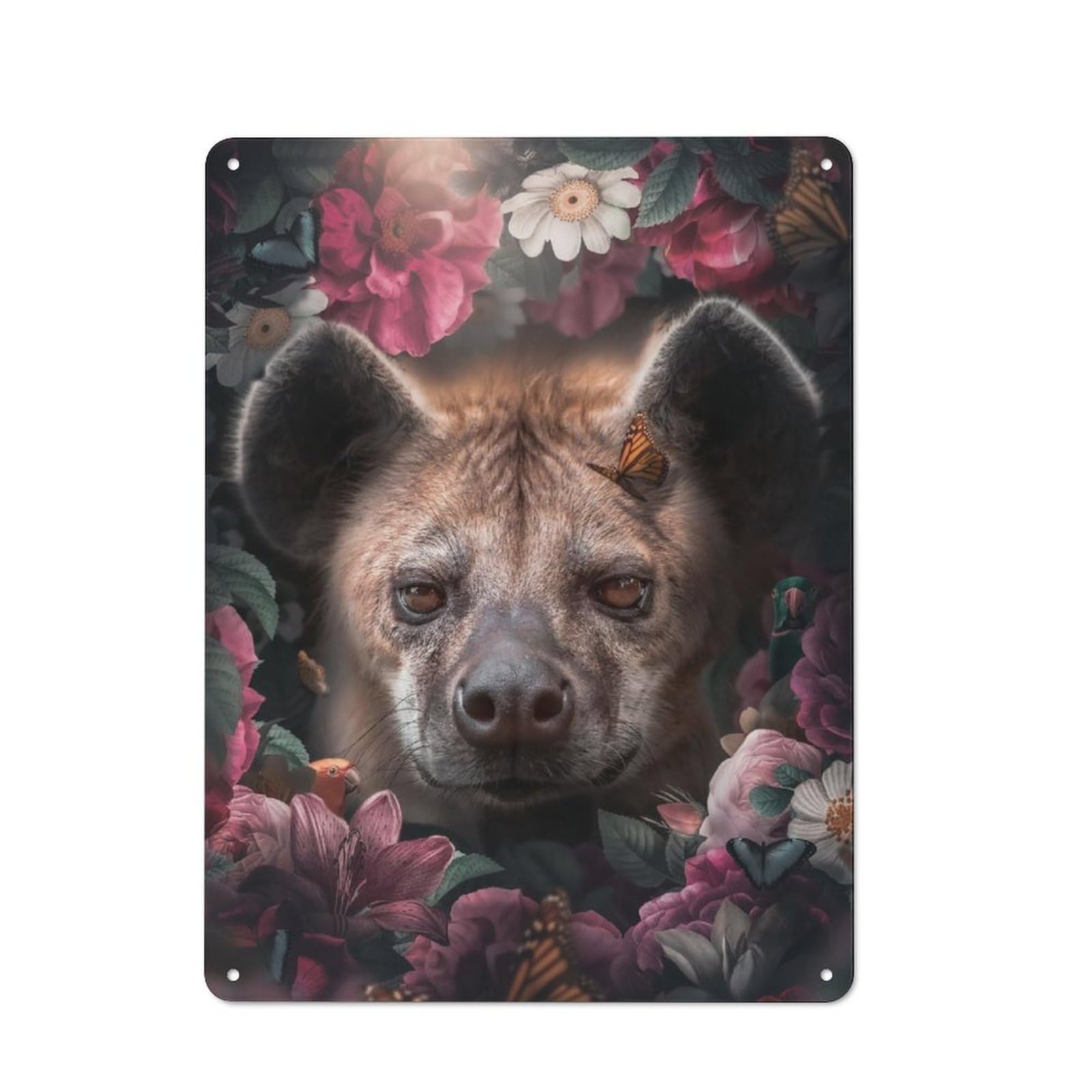 Junmoney Floral Hyena Metal Wall Sign 40X30cm, Retro Decor For Workshop Wall, For Garage, Workshop And Man Cave Decoration