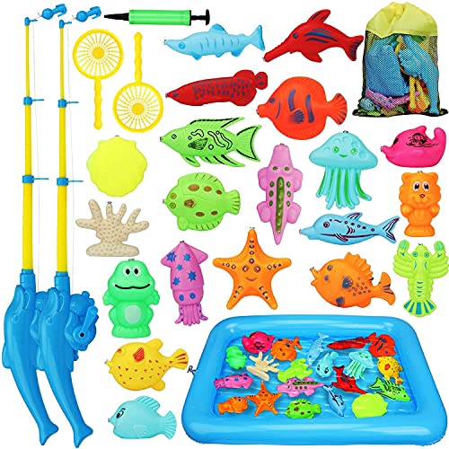 TOY Life Kids Magnetic Fishing Game with Magnetic Fishing Pole Floating Toy Fish Inflatable Play Area - Fishing Toy for Toddlers Outdoor Fishing Toys Bath Toy for 3 4 5 Boys Girls Toddlers
