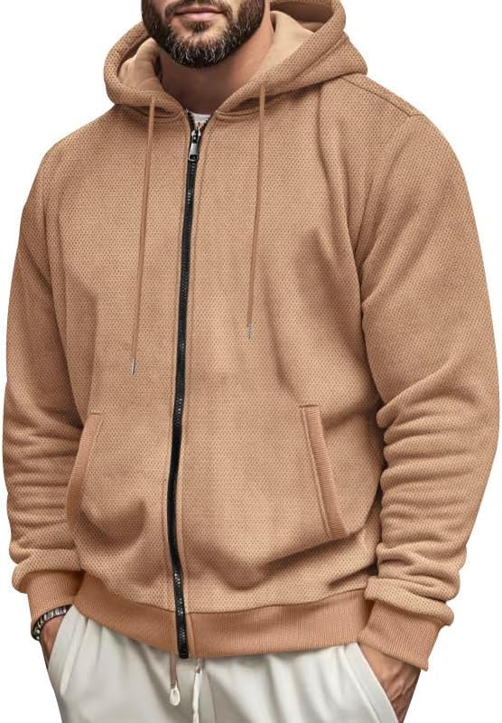 Men's Full-Zip Hoodie - Knit Adjustable Hood Jacket with Pockets Warm Fall Winter Pullover for Daily Wear - Image 2