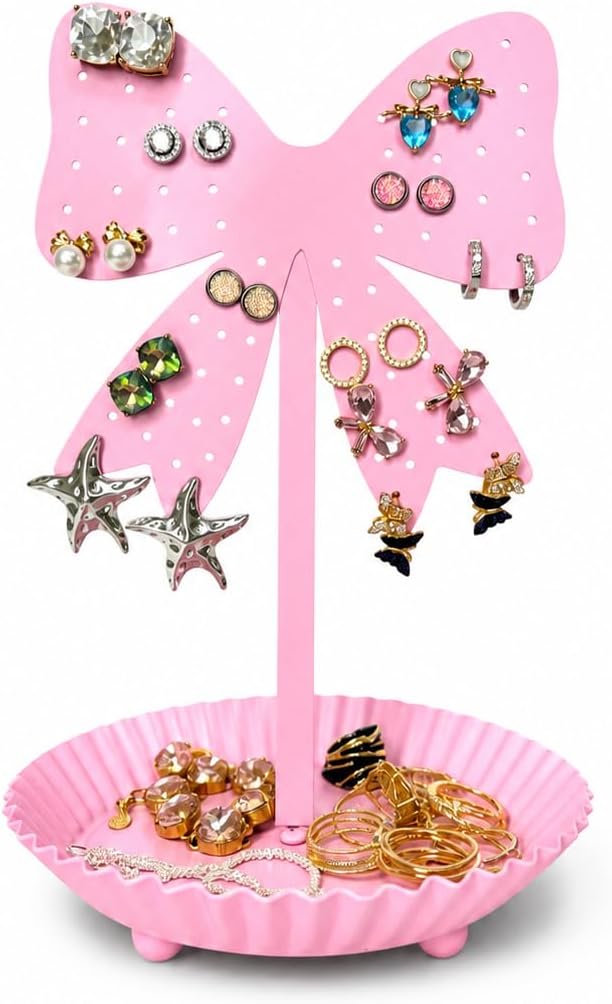 Top Brass Pink Bow Earring Holder, Metal Jewelry Organizer Stand