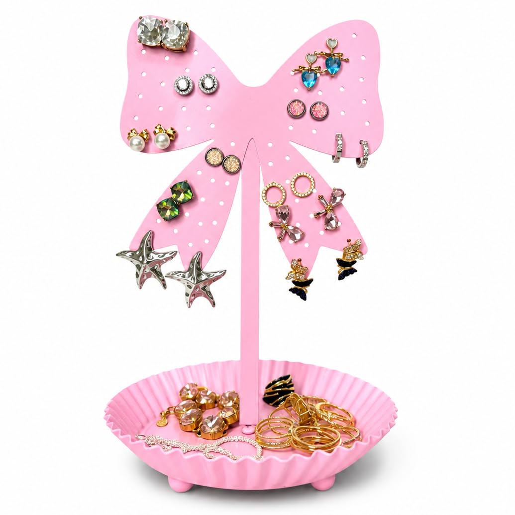 Top Brass Pink Bow Earring Holder, Metal Jewelry Organizer Stand | Holds 39 pairs with ring tray for studs, hoops, dangles, necklaces, bracelets,