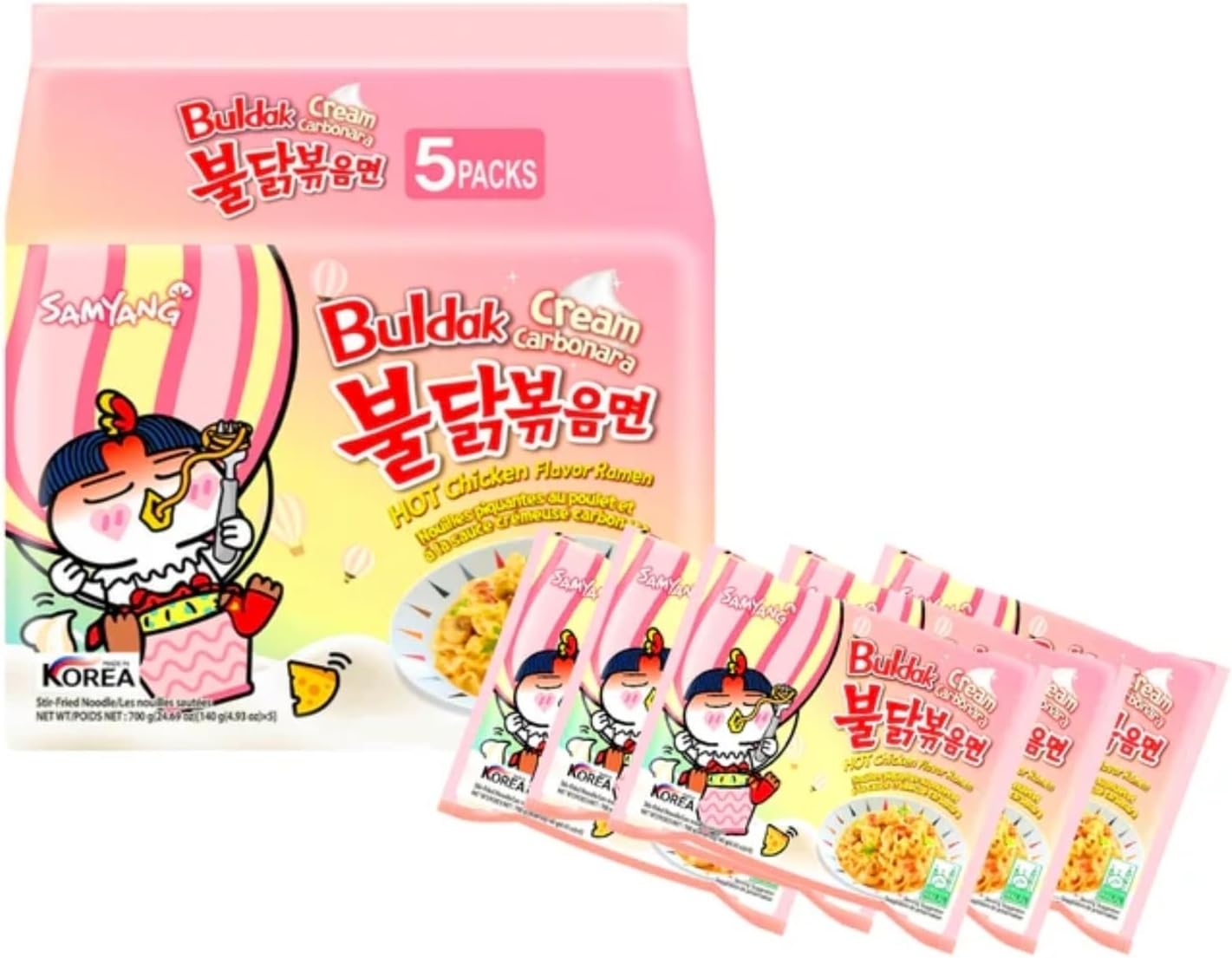 SamyangBuldak Ramen Noodles Korean Food,Hot Spicy Noodles,Buldak Cream Carbonara,5 Packs