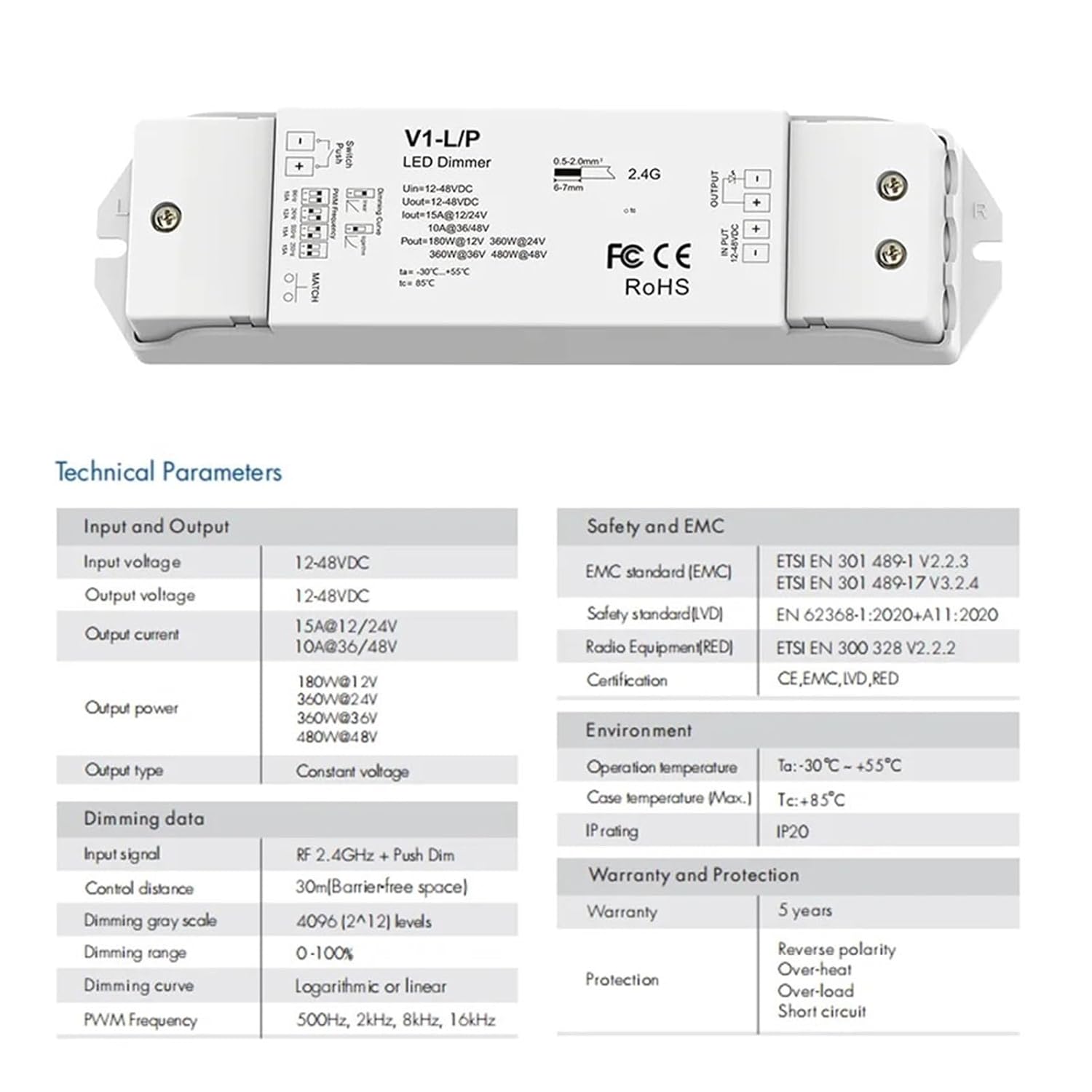 V1-L/P LED Dimmer 12-48V RT1 1 Zone Single Color LED Light Strip Dimming Kit 2.4G Remote Button Switch Dimmer(V1-LP)