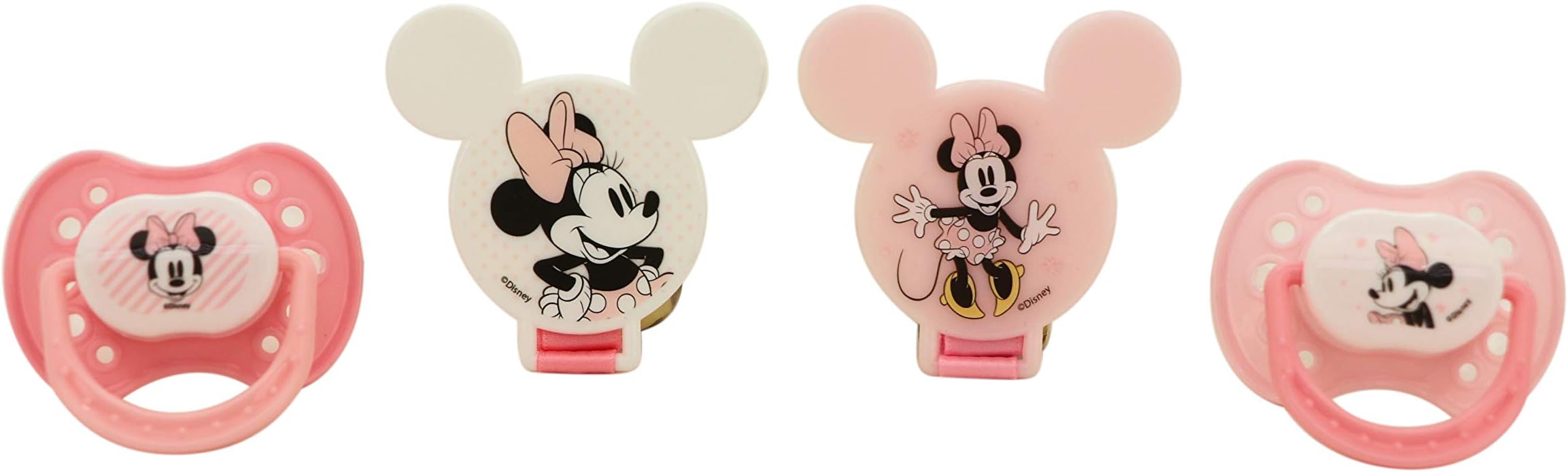Cudlie Minnie Mouse Baby Girl 4 Pack of 2 Pacifiers & 2 Clips with Sugar & Spice Print