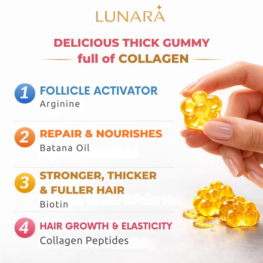 Image of Lunara Hair Growth for Women, Biotin, Collagen, Batana Oil + Vitamins | Support Hair Loss, Thicker, Fuller, Stronger Hair | Advanced Gummies Supplement for Women, 1 Month Supply