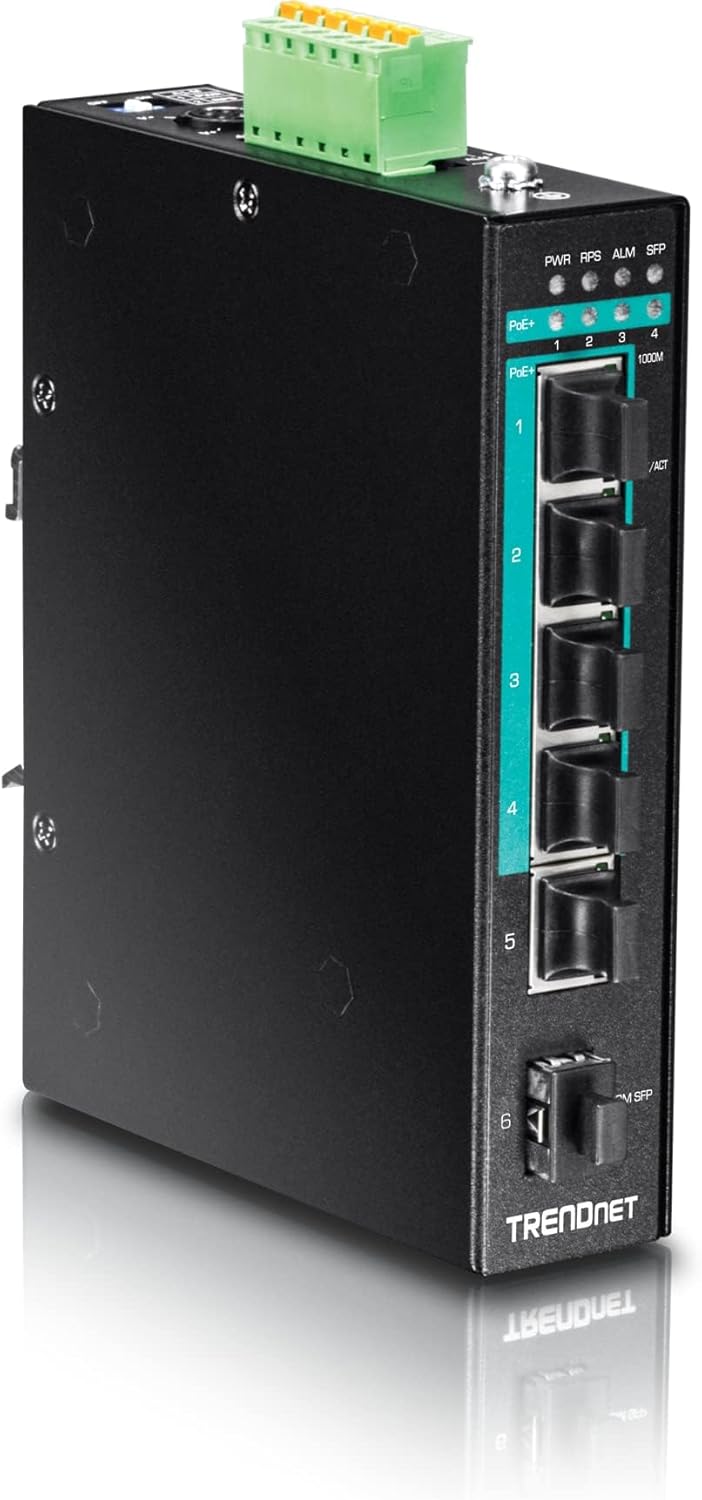 TRENDnet 6-Port Hardened Industrial Gigabit Poe+ Layer 2 Managed DIN-Rail Switch, 4 x Gigabit PoE+ 802.3at Ports, 1 x Gigabit Port, 1 x Gigabit SFP Slot, 120W Power Budget, Black, TI-PG541i