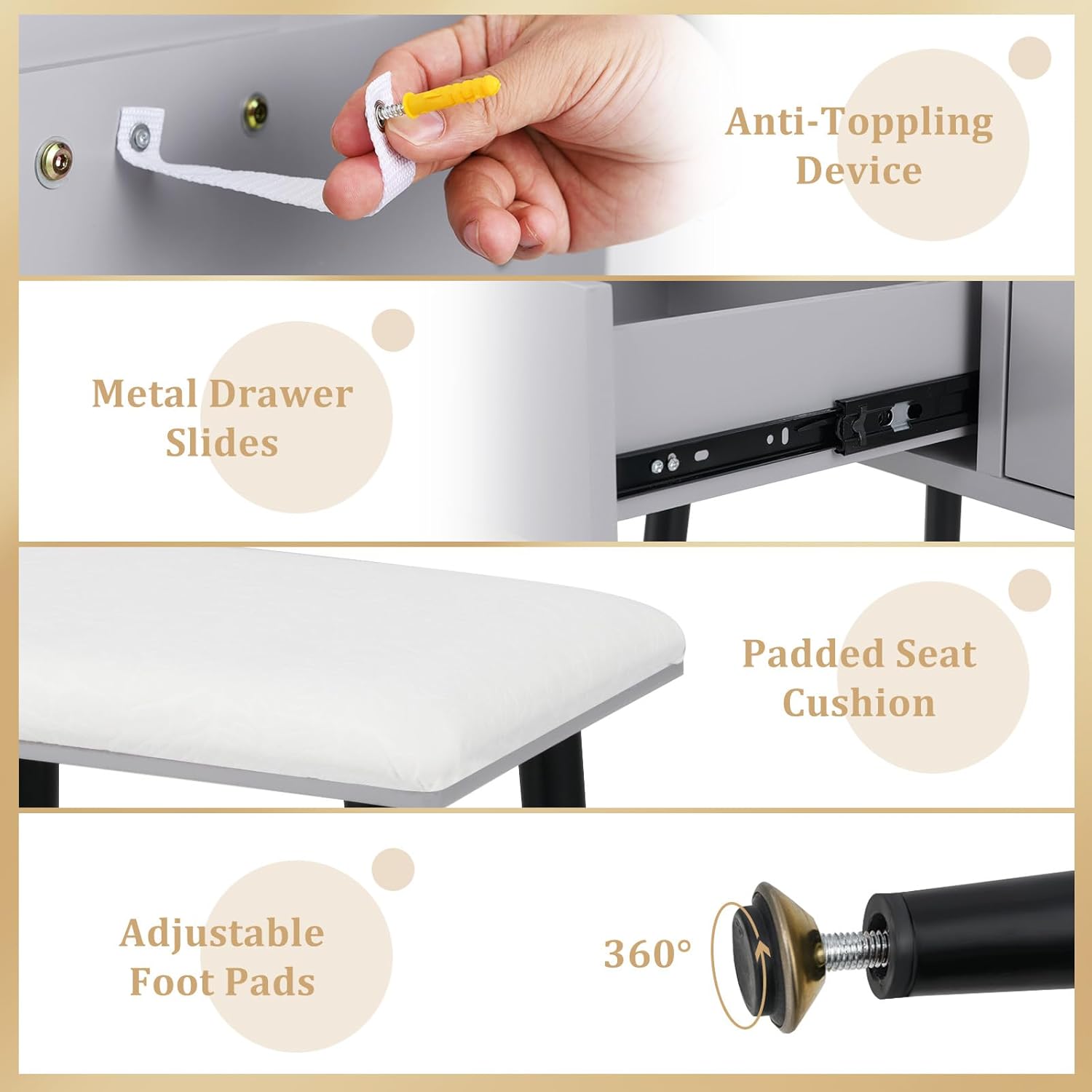 CHARMAID Vanity Desk with Mirror and Lights, Makeup Vanity with 4 Storage Drawers, 3 Lighting Modes, Adjustable Brightness, Modern Vanity Dressing Table with Stool for Bedroom, Gray & Black