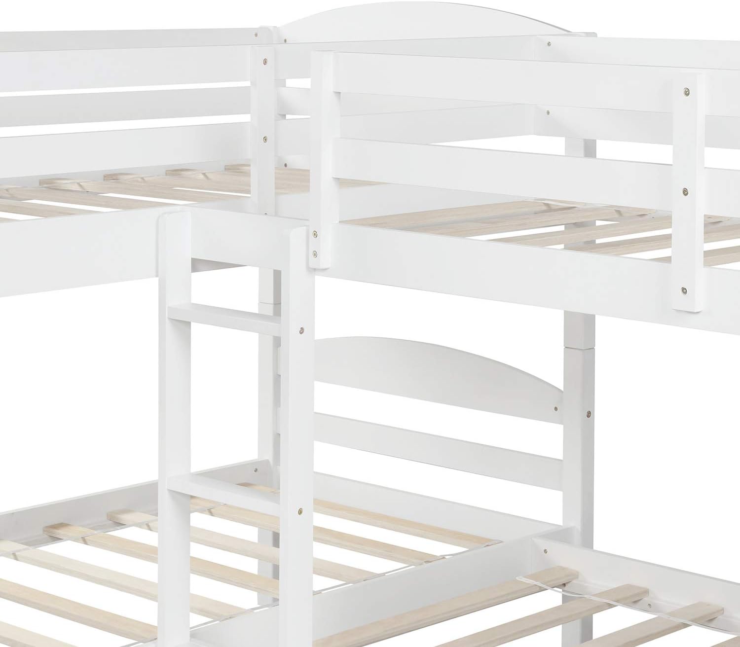 Knocbel Twin Over Twin Bunk Bed with Trundle, Corner Platform Bed Frame with Wooden Slats Support, Safety Guard Rails & Ladder (White)