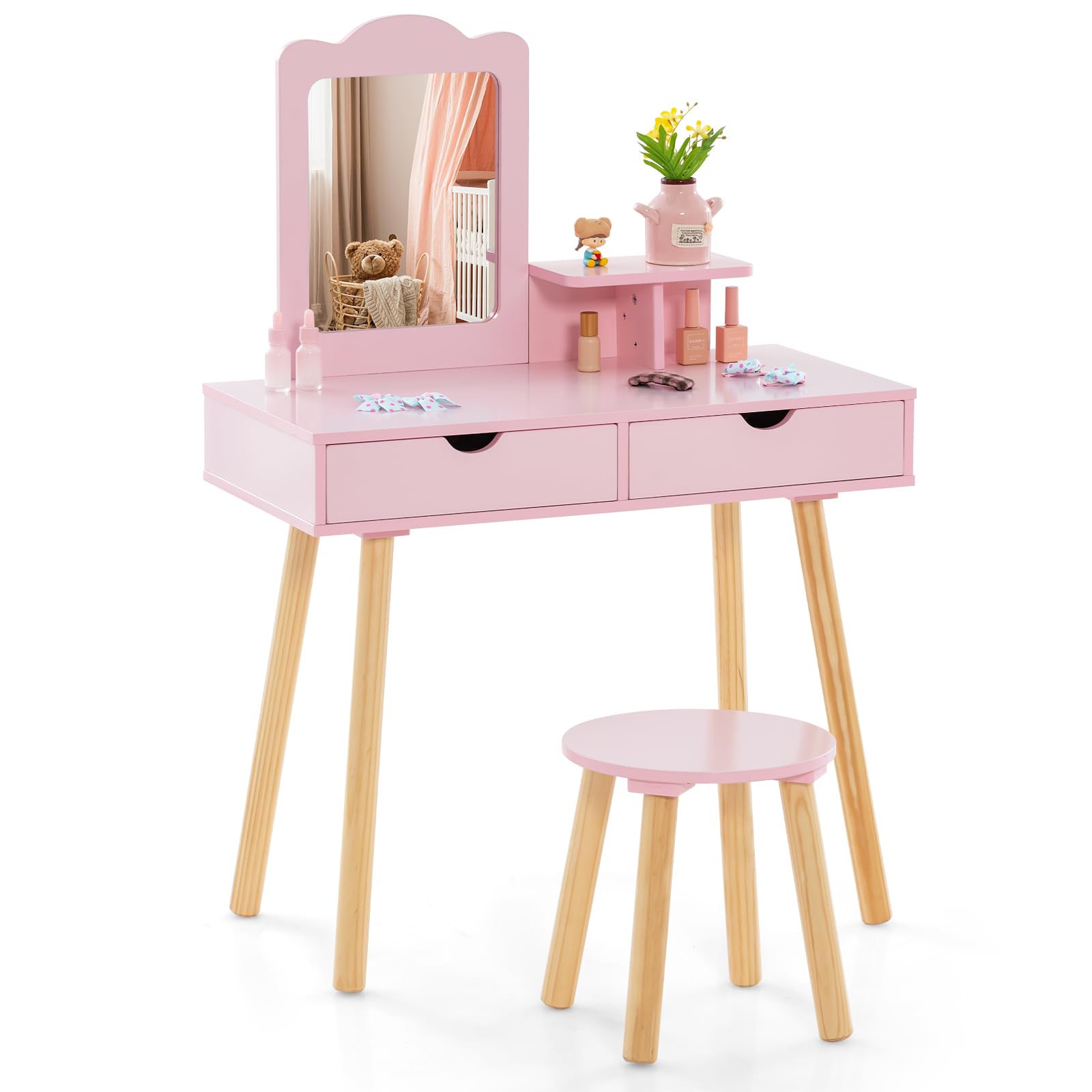 COSTWAY Kids Vanity Table and Stool Set, 2-in-1 Princess Makeup Dressing Tables with Mirror, Drawers & Storage Shelf, Wooden Children Study Desk for Toddlers (Light Pink)