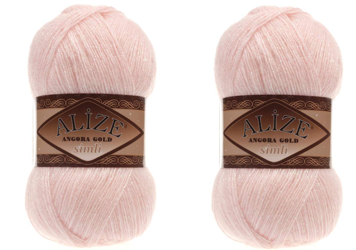Alize Angora Gold Simli 5% Metallic 20% Wool 75% Acrylic Lot of 2 skn 200gr 1100 ydsYarn Thread Crochet Lace Hand Knitting Turkish Yarn (271 Pink Pearl)
