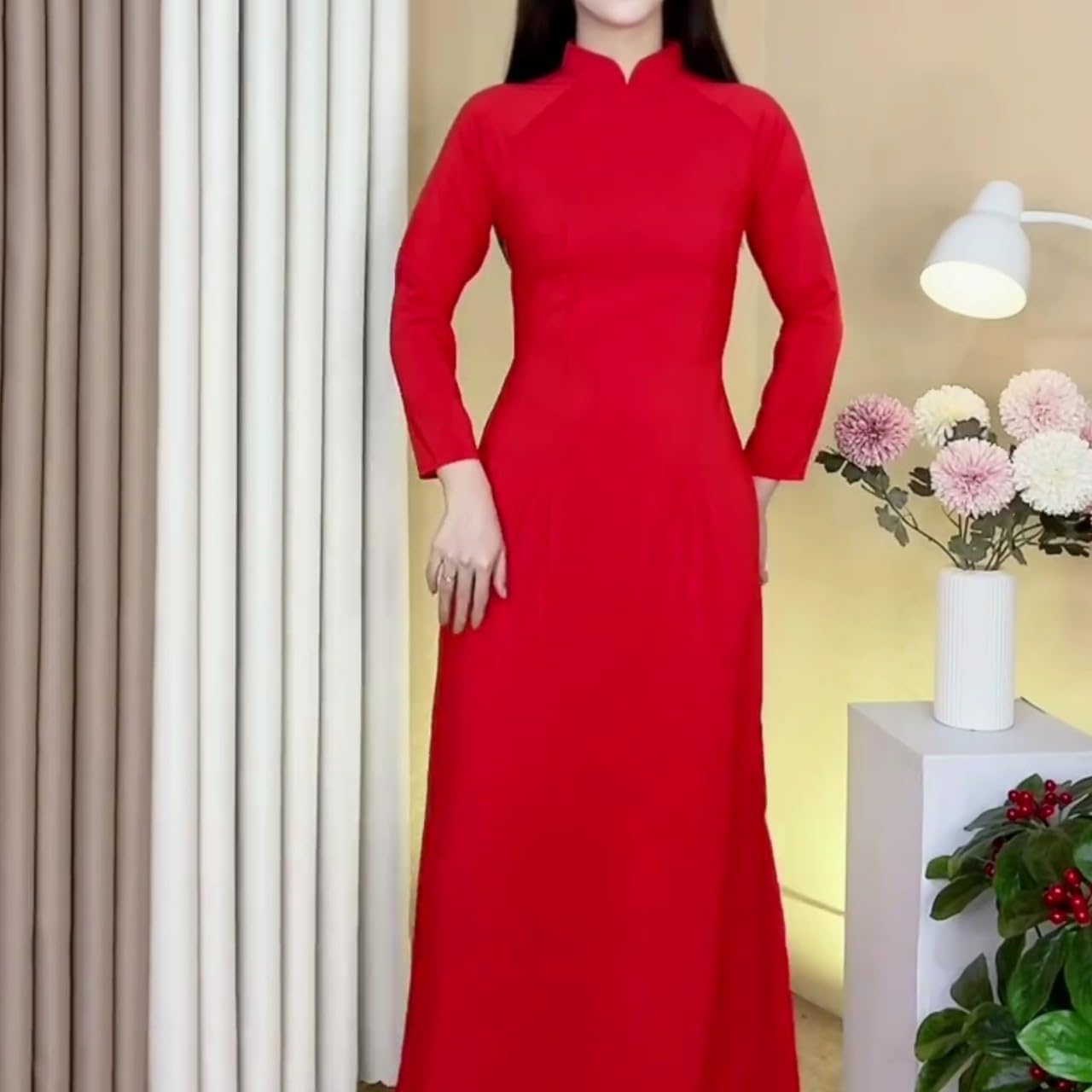 Traditional High Neck Vietnamese Women's Ao Dai, Soft Japanese Silk Material, Light Stretch, red