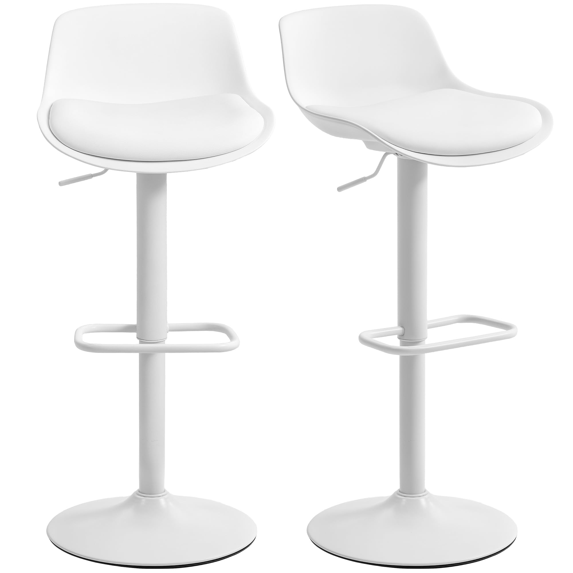 HOMCOM Set 2 Sgabelli Bar con Altezza Regolabile, Sgabelli Alti Cucina in Finta Pelle con Schienale e Poggiapiedi e Ampia Base in Acciaio, Sedie Bar Alte Girevoli a 360°, Bianco