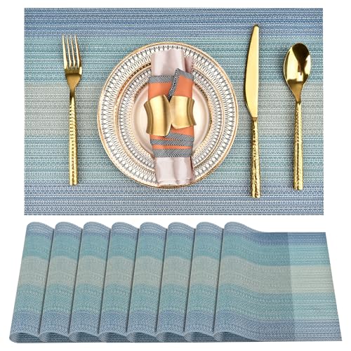 SLKQG Placemats Set of 8 - Easy Clean Washable Vinyl Placemats - Wipeable Heat Resistant Table Mats for Dining Table - 17.7x11.8 Inch (8, Blue Gradient​)