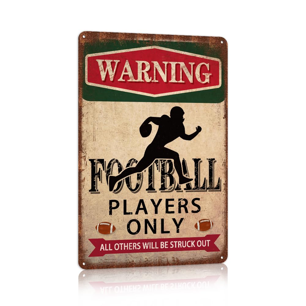 SMAZDFXX Football Accessories Football Decor For Boys Room Football Sports Signs Warning Football Players Only Metal Tin Signs 8"x12"