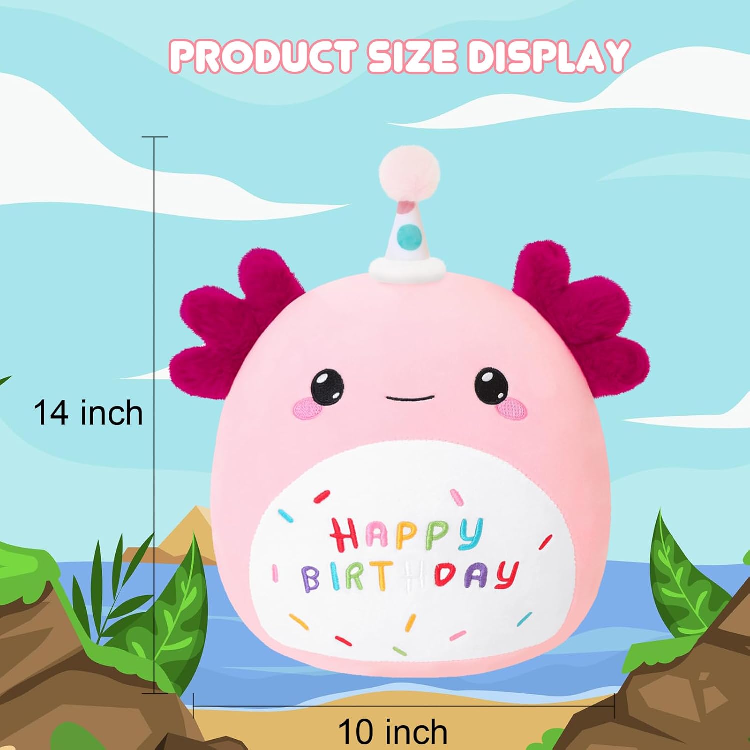 SQEQE Happy Birthday Axolotl Plush Axolotl Stuffed Animal Toy Pink Birthday Plushies Home Decor for Girls Boys Kids(14 Inch)