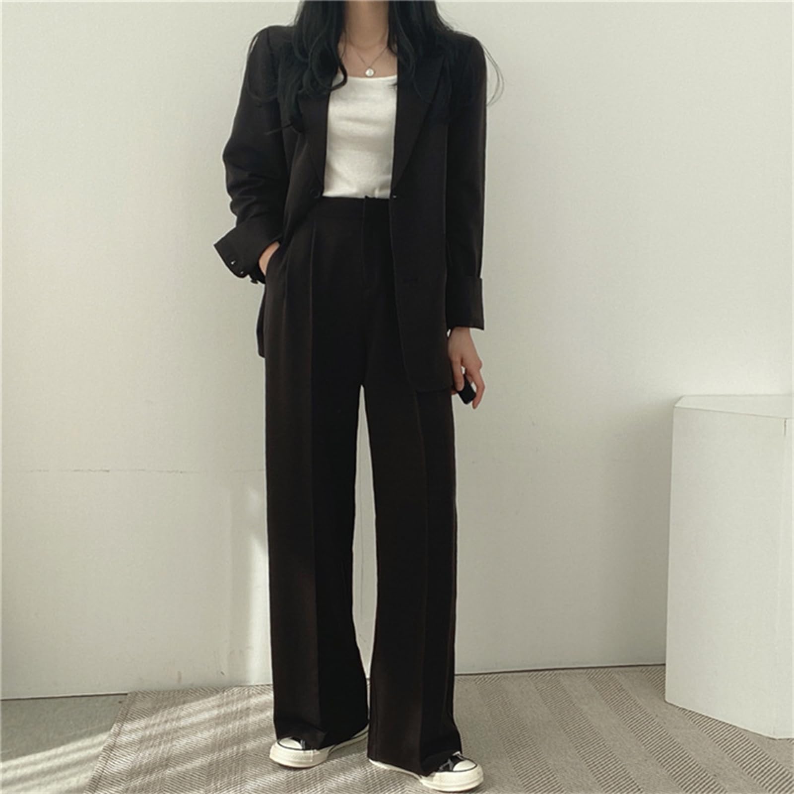 Womens 2 Piece Casual and Business Suit Set Oversized Blazer High Waisted Wide Leg Pants Outfit