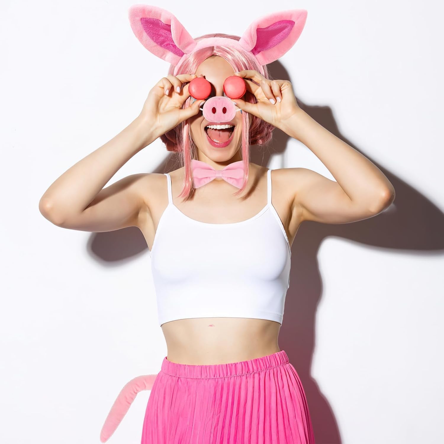 12 Pieces Pig Costume Set Pig Ears Headband Pig Nose Bow Tie Pig Tail Fancy Animal Cosplay Pig Costume Pink Animal Costume Accessories for Halloween Christmas Cosplay Animal Dress up Party - Image 5