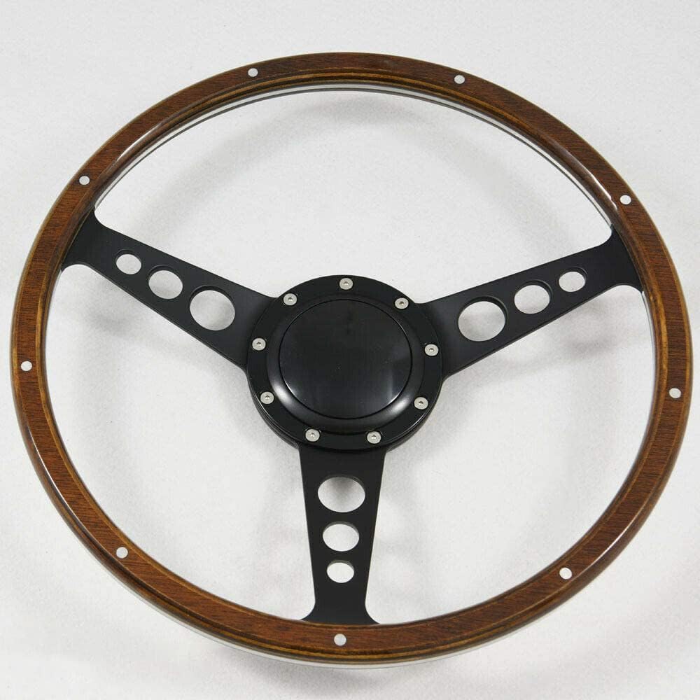 Flashpower 15" Classic Steering Wheel Black Anodized Spoke 9 Rivets with Horn Button