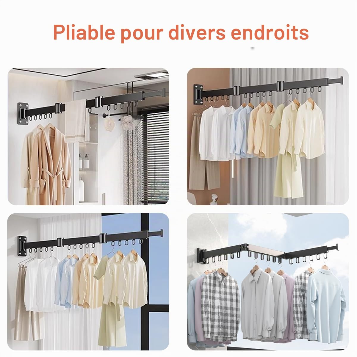 étendoir mural pliable 3 volets 128 cm | Gain de place avec barre extensible, 15 crochets, convient pour balcon, buanderie, salon et chambre à coucher