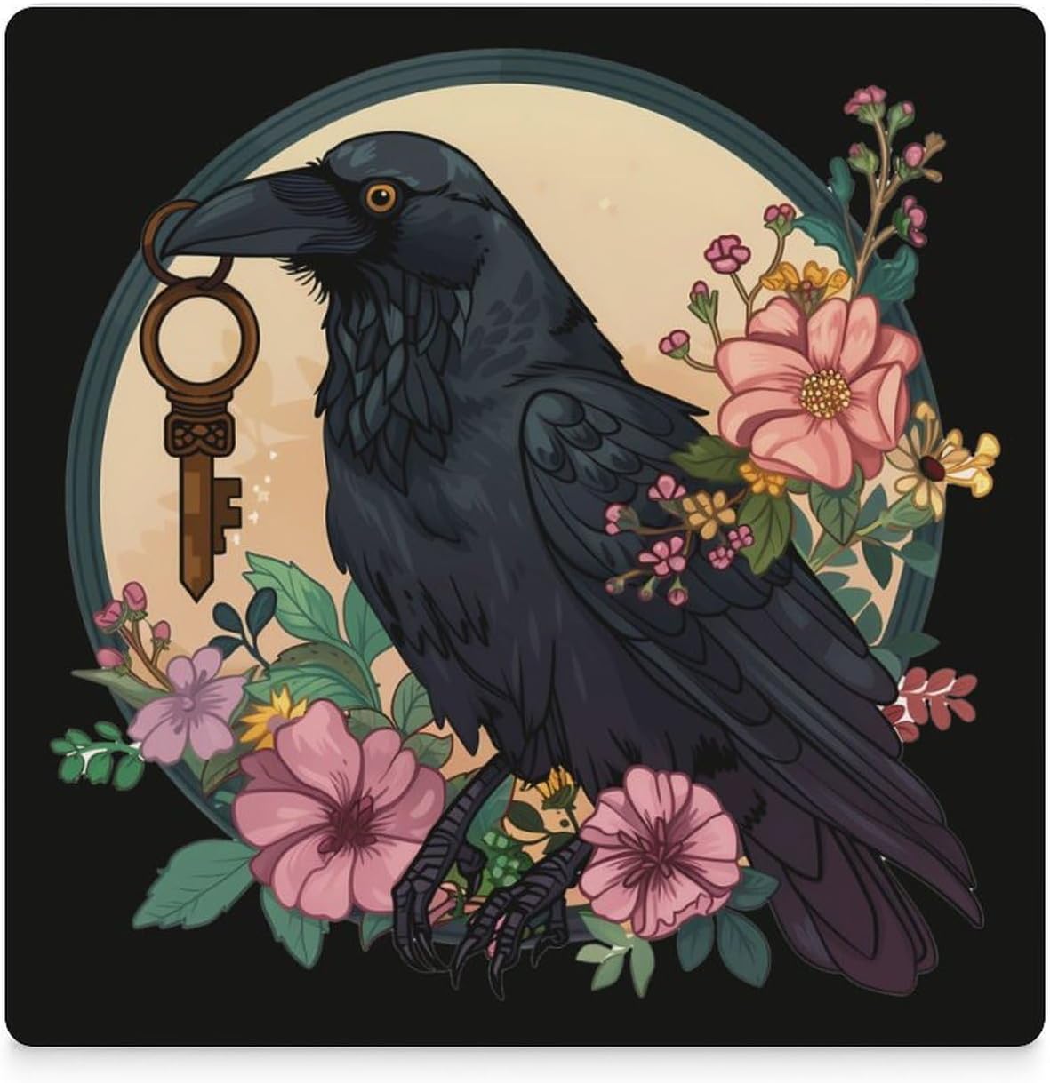 Blackbird with Key Crow Coaster for Drinks Square Ceramic Table Coasters Stone Mat Crafts 4PCS Home Kitchen Decor