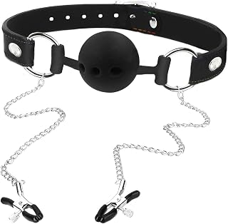 Sexual Toys Mouthpiece Type Three-Hole Ball Gag, BDSM Silicone Oral Gag, Adjustable Nipple Clamps, The Fetish Nipple teasers, Slave Sex Toy Nipple Clamps, The Erotic Sex Toy Set