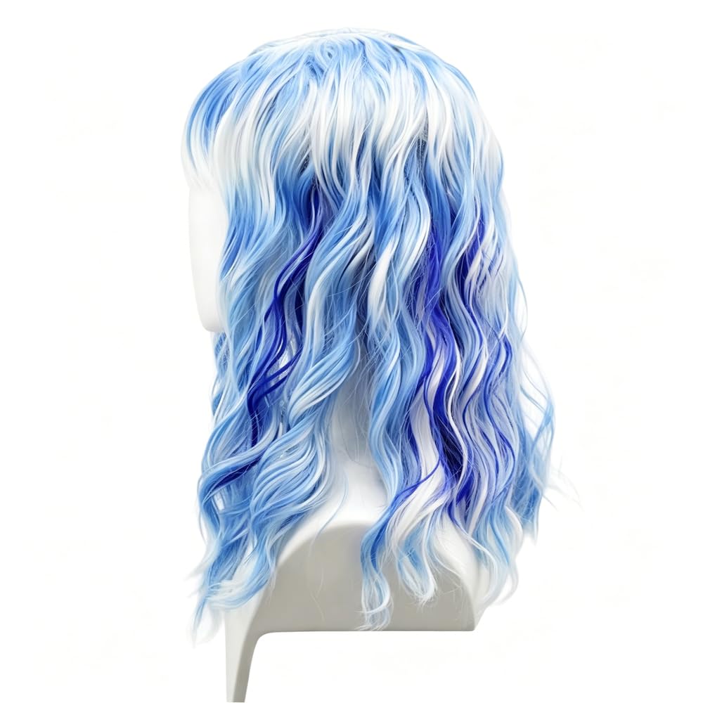 Haarpflege Blau-weiße Ombre-Perücke Lang Gewellt Mit Mehrfarbigen Strähnen Volle Ponyfaser Für Tägliche Cosplay-Party-Looks