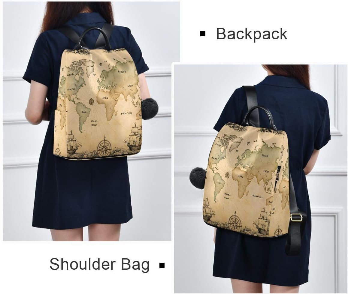 ALAZA Ancient Map Of The World Vignettes Compasses Dragons Sailboats Backpack Purse with Adjustable Straps for Woman Ladies