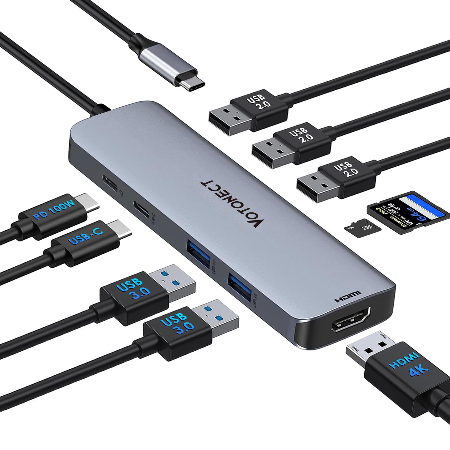 USB C Hub 10-in-1 with 4K HDMI Adapter SD TF Card Reader 100W PD Charging 2 USB 3