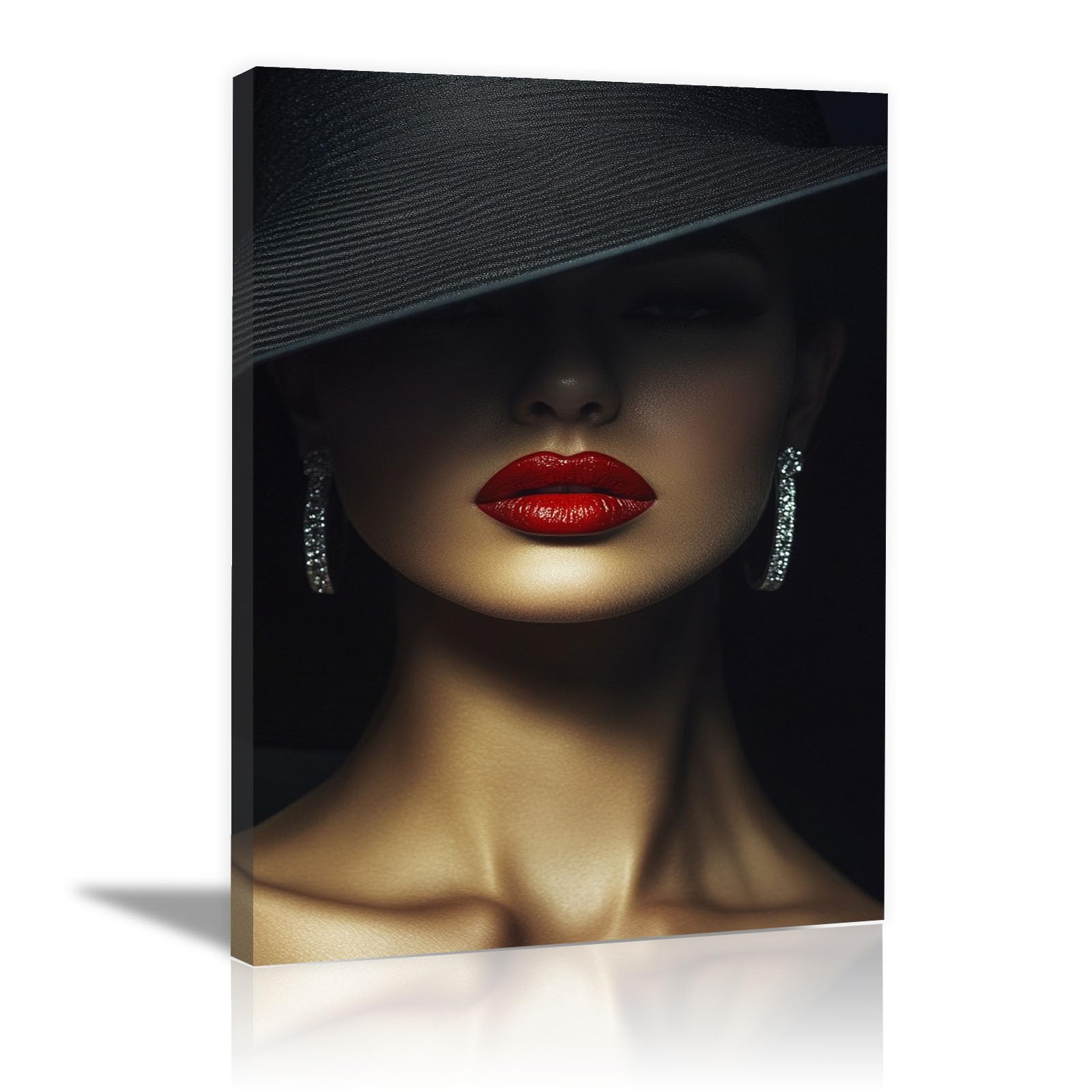 TERUEA Abstract Girl Painting Prints Woman Canvas Pictures Woman Red Lips Black Hat Retro Painting Bathroom Wall Decor,(Black)-70x100cm Framed