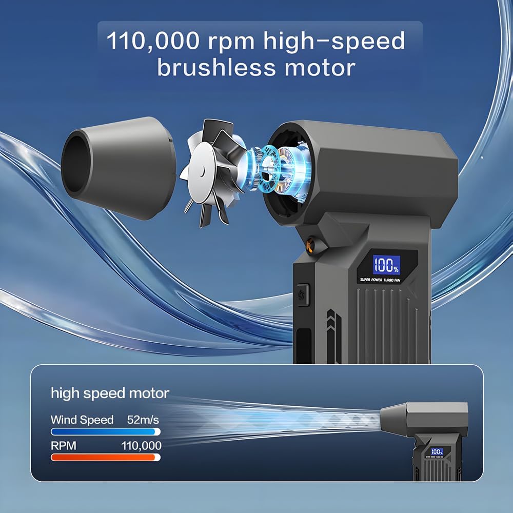 Portable 150W Super Strong Blowing Force Mini Turbo Fan Air duster-110000RPM led displays 4 Gears Wind Speed,brushless Motor, with LED Lighting, for Car Cordless Air Duster Rechargeable.Black