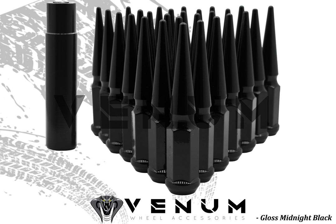 32 Pc Gloss Black Spike Lug Nuts Powder Coated | Steel | 4.5" Tall | M14x1.5 Thread Pitch + 1 Key Works with Silverado Sierra 2500HD 3500HD H2 Duramax W/Aftermarket Wheels