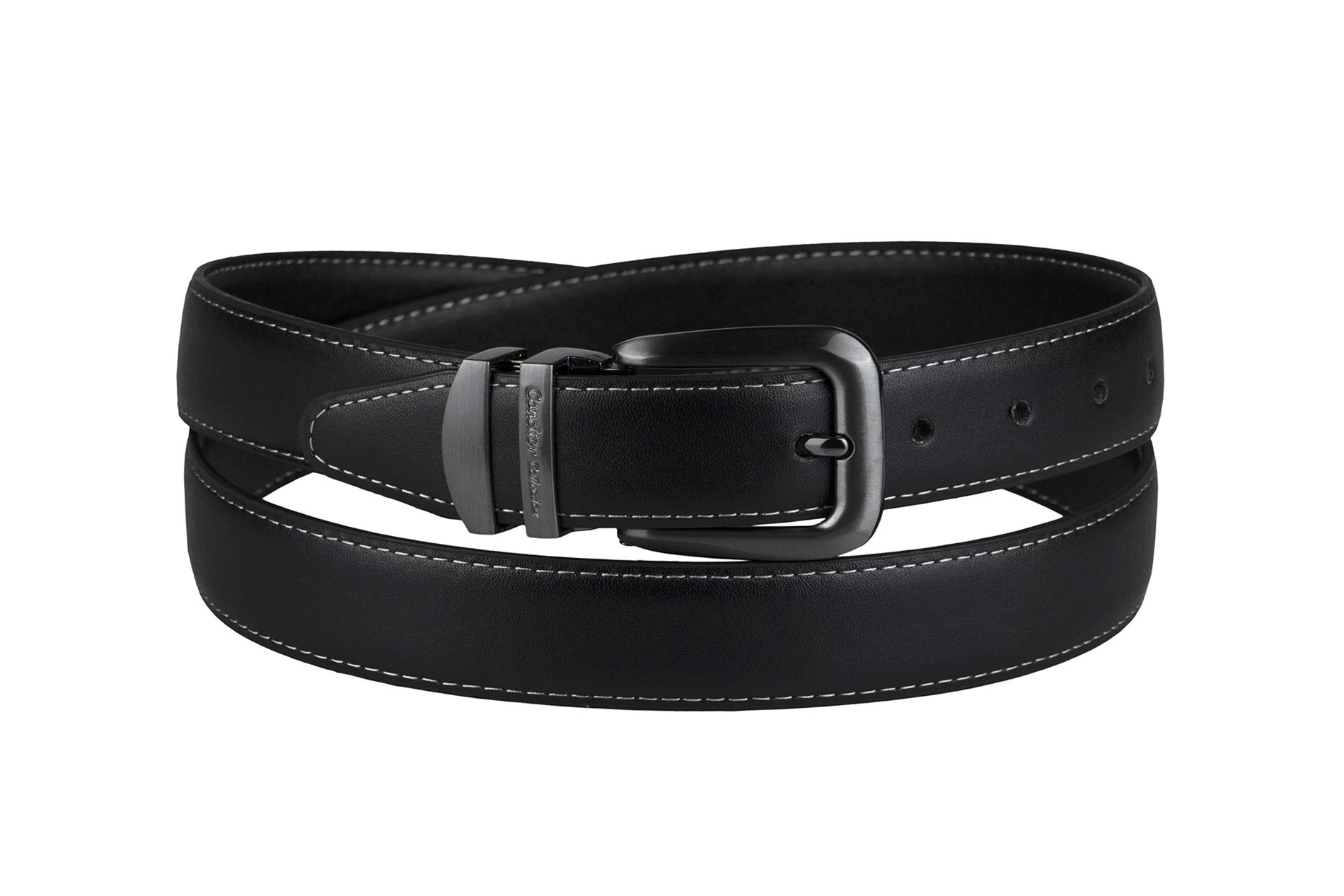Concitor Reversible Wide Belt BLACK White Stitch Bonded Leather Pewter-Tone 52