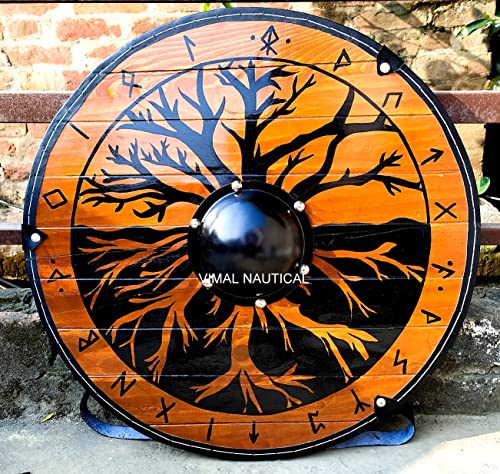 Vimal Nautical Escudo de madera de 24 pulgadas aproximadamente listo para la batalla, escudo de metal pesado y accesorios de espuma, escudo de madera, accesorios de metal Cover