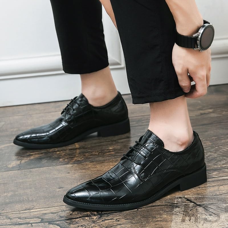 Men's Genuine Leather Oxford Shoes Men Vintage Lace Up Platform Dress Shoes Retro Pointed Chunky Heel Non-Slip Business Derby Shoes(Black,6.5)4