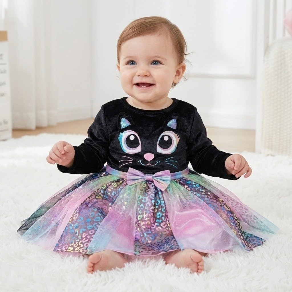 IKALI Baby Mädchen Katzen Kostüm Kleid Süßes Schwarzes Katze Outfit mit Regenbogen Tüllrock Für Karneval Fasching