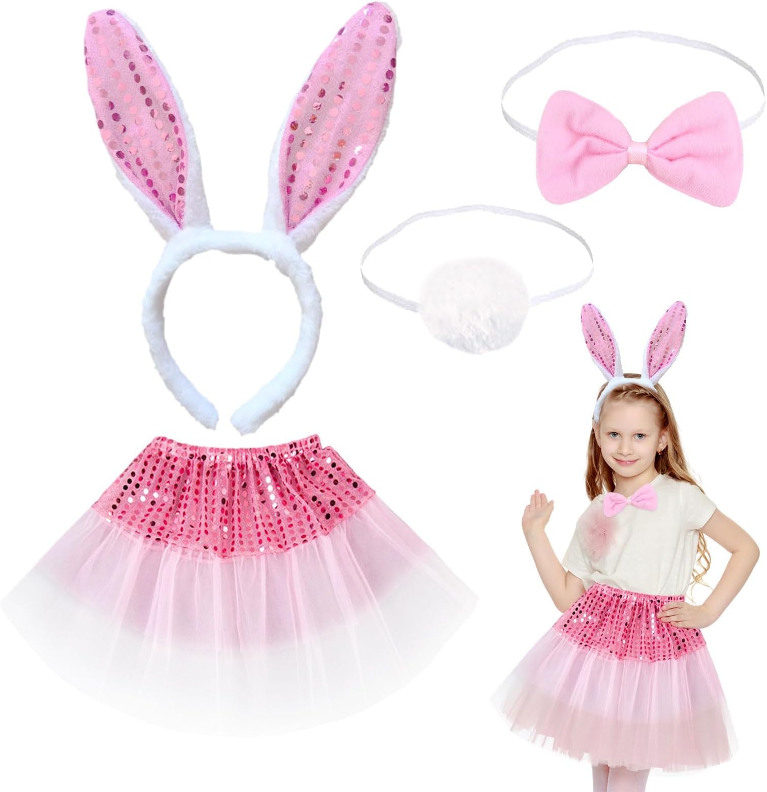 4 Pieces Kids Bunny Costume Pink Rabbit Dress Up Outfit with Bunny Ears Headband Animal Costume Set Cosplay Birthday Party Carnival Christmas Halloween Party Supplies