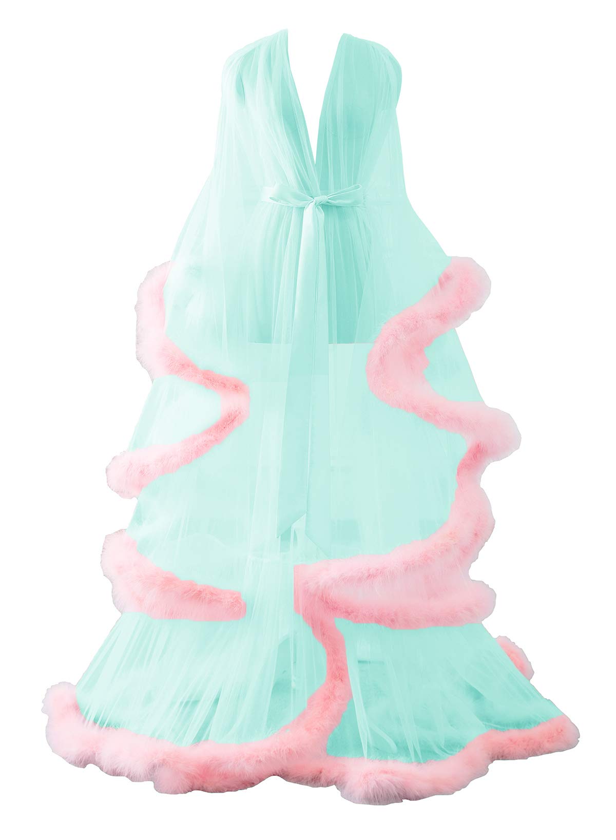 Changuan Sexy Feather Robe Long Fur Tulle Robe Sheer Lingerie Maternity Photoshoot Dress Sleepwear Nightgown Bathrobe: Large-X-Large Turquoise+blush