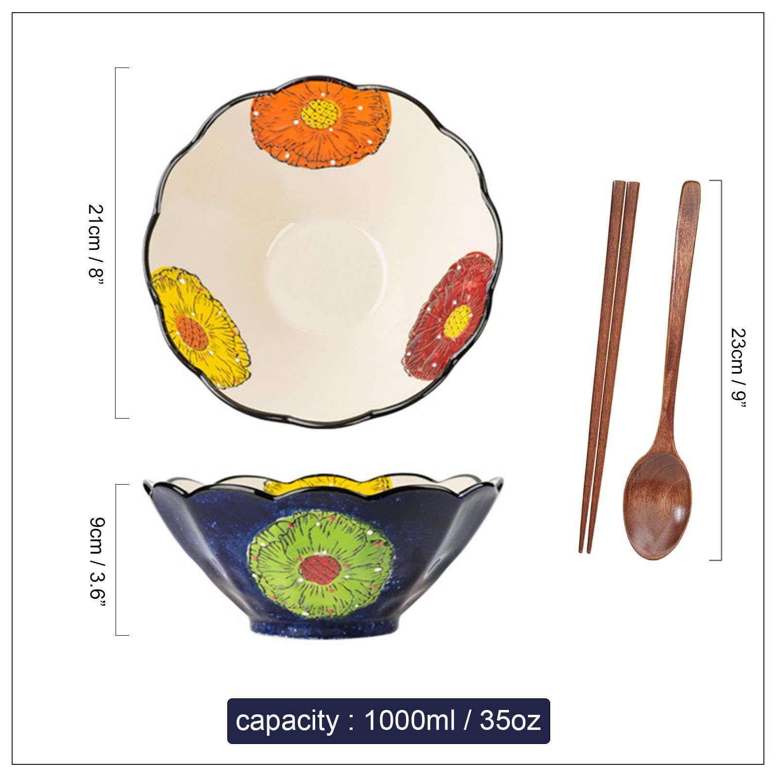 Ramen-Schüssel, Keramik-Instant-Nudelschüssel, Ramen-Schüssel 2er-Set, Keramik-Ramen-Schüssel, große Suppenschüsseln-Blau und Blumen-8 Zoll(Blue)