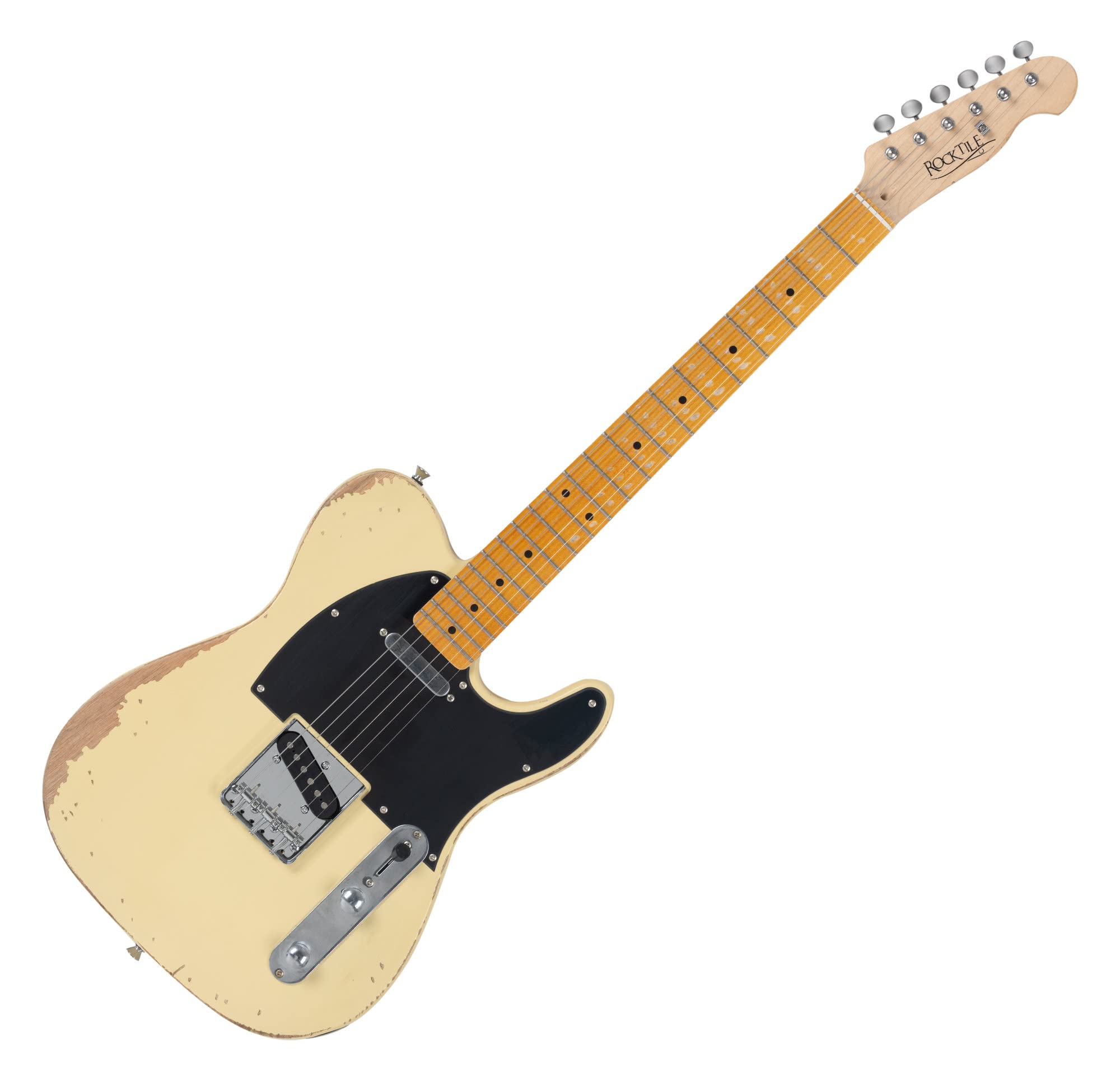 Rocktile Vinstage TL-HMWM gitara elektryczna – gitara relikowa w stylu wiekowym – korpus: mahoń – gryf/szyja: klon – 2 x Single Coil Pickup – sprzęt vintage – biały vintage