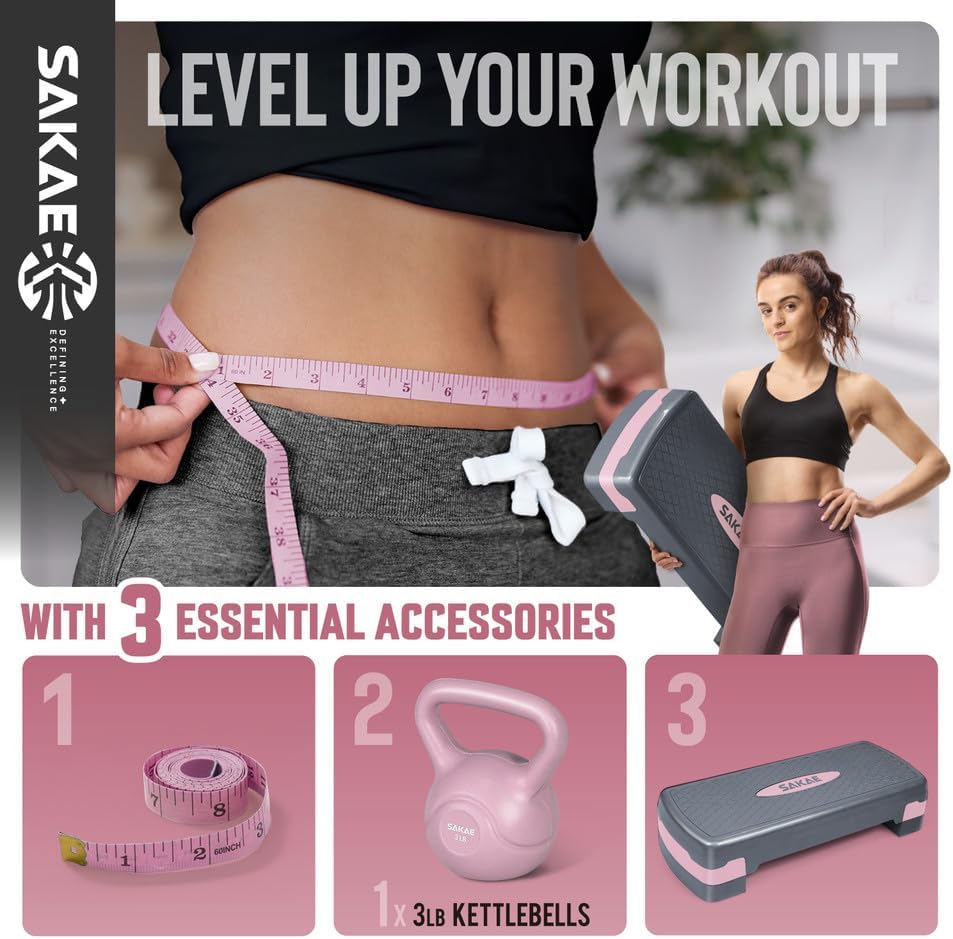 Miniatura 2 de Juego de pasos aeróbicos de altura ajustable con 2 mancuernas y cinta métrica, plataforma de ejercicios de entrenamiento con elevadores de nivel, 4