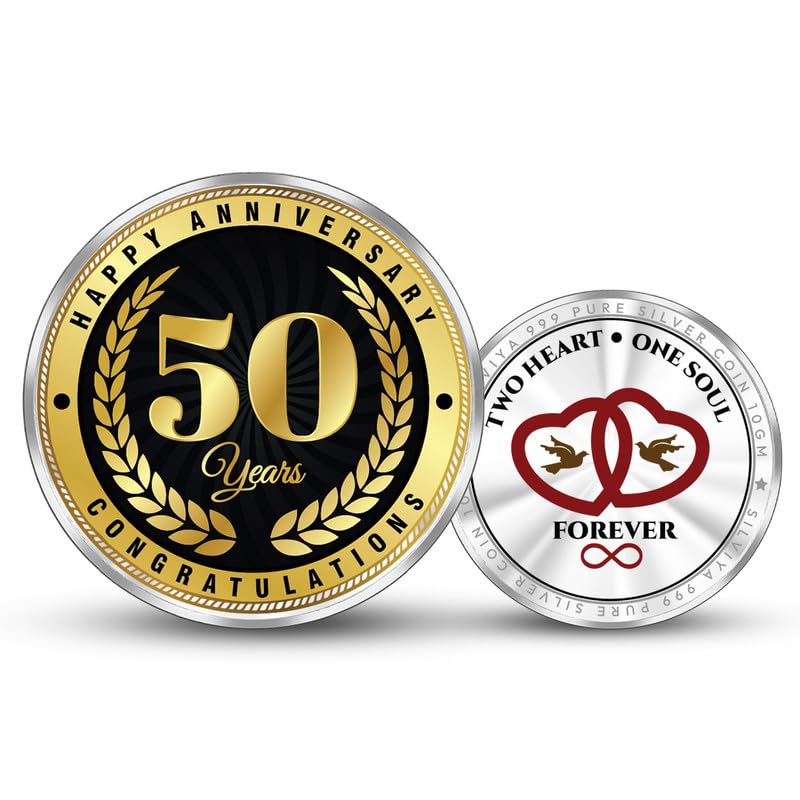 BIS Hallmarked 50th Golden Anniversary Gift - 999 Pure Silver Coin (10g, 20g, 50g, 100g) - ideal Gift for Husband - Wife - Friend - Celebration - Love - & Memorable Present - With Certificate