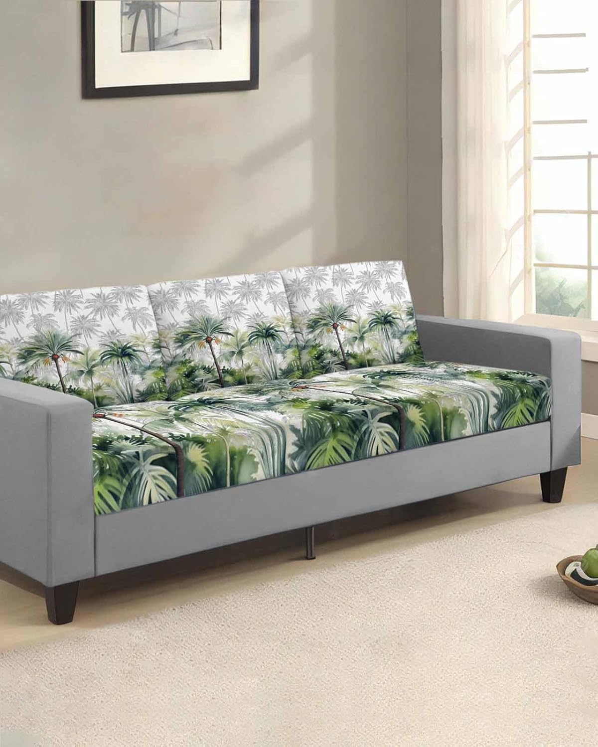 Green Tropical Stretch Couch Sofa Cushion Covers,Sectional/Individual/L/T Shape Sofa Couch Slipcover Furniture Cover Elastic Bottom,Summer Palm Coconut Tree Coconut Plant Beach Watercolor S Size 1-PC