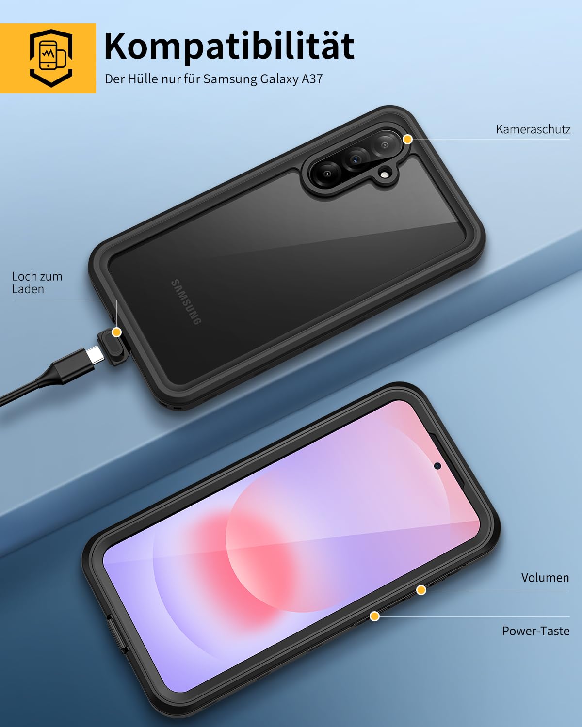 Lanhiem für Samsung Galaxy A37 5G Hülle, IP68 Wasserdicht Handyhülle Samsung A37 5G 360 Grad Stoßfest Staubdicht Outdoor Panzerhülle mit Eingebautem Displayschutz, Schwarz