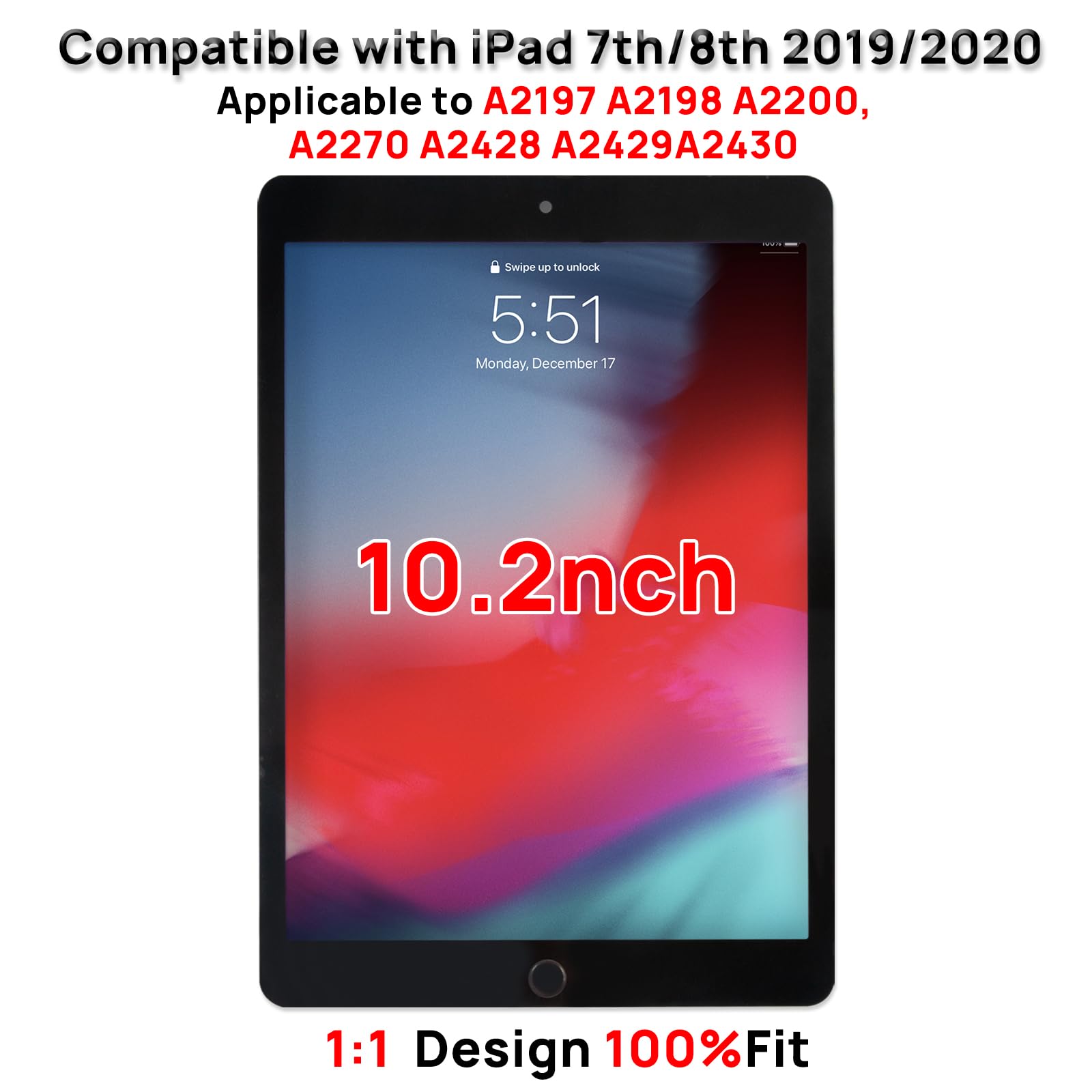 Écran tactile de rechange pour iPad 7 7e/8ème génération 2019 2020 10,2" pour 7ème ou 8ème génération A2197 A2198 A2200, A2270 A2428 A2429 A2430 avec bouton Home