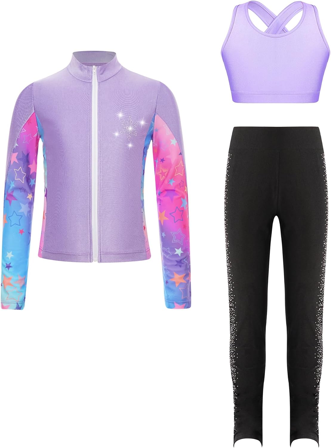 YiZYiF Kids Girls Skating Gymnastics Outfits Long Sleeve Zipper Printed Outerwear Vest and Leggings Set